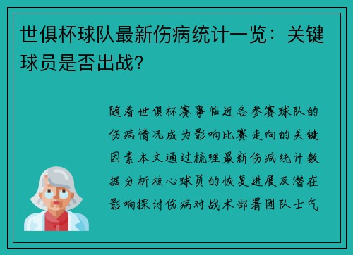 世俱杯球队最新伤病统计一览：关键球员是否出战？