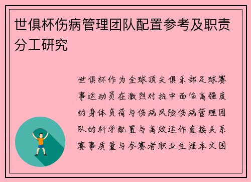 世俱杯伤病管理团队配置参考及职责分工研究