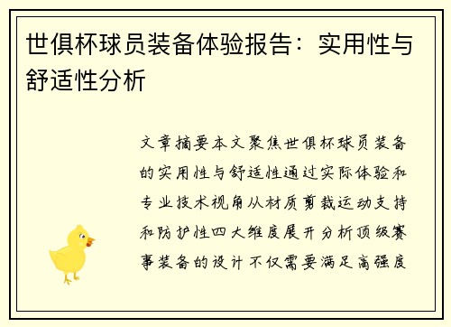 世俱杯球员装备体验报告：实用性与舒适性分析